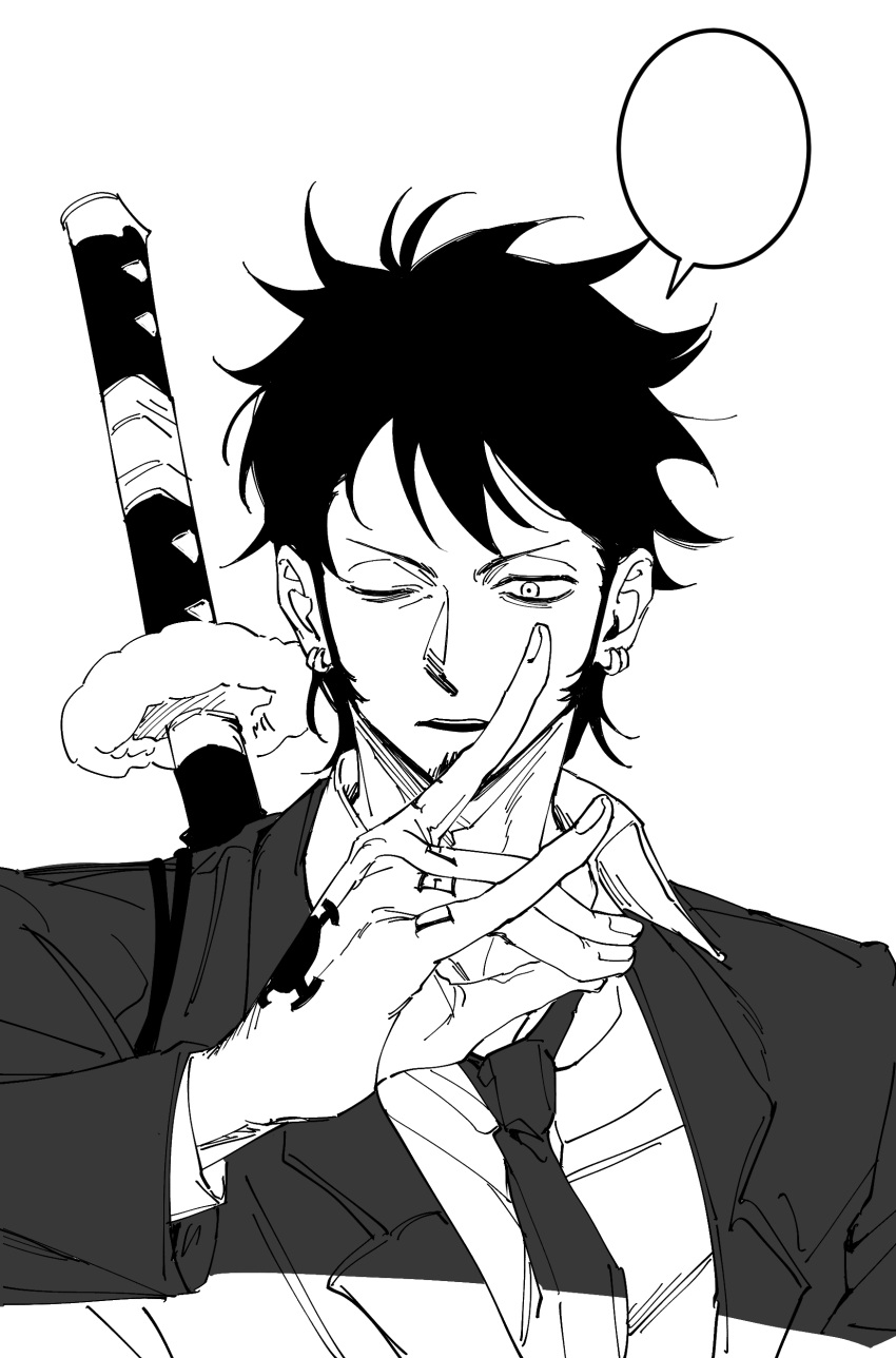 1boy, absurdres, black_hair, blank_speech_bubble, chainsaw_man, cosplay, earrings, finger_tattoo