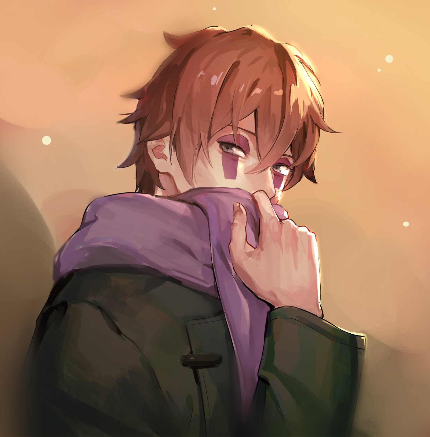 1boy, boruto:_naruto_next_generations, brown_hair, coat, facial_mark, green_coat, grey_eyes, hatake_kakashi, highres, male_focus, naruto_(series), purple_scarf, scarf, scarf_over_mouth, sekisei, solo, sukea_(naruto), upper_body