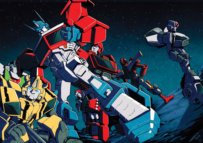 2013, autobot, blue_eyes, bumblebee_(transformers), clenched_hand, collaboration, english_commentary, frown, hand_on_hip, head_tilt, holding, horns, ironhide, josh_burcham, looking_at_viewer, mecha, mechanical_wings, monen1777, no_humans, optimus_prime, prowl_(transformers), ratchet_(transformers), robot, rodimus, science_fiction, sitting, sky, star_(sky), starry_sky, the_transformers_(idw), transformers, v-fin, wheeljack, wings