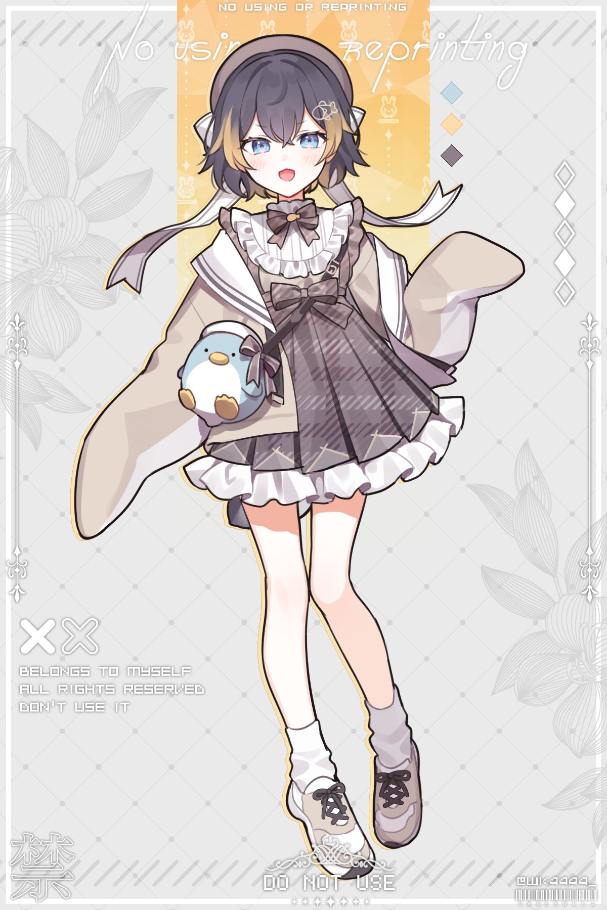 1girl, :3, :d, beret, black_hair, blue_eyes, bow, bowtie