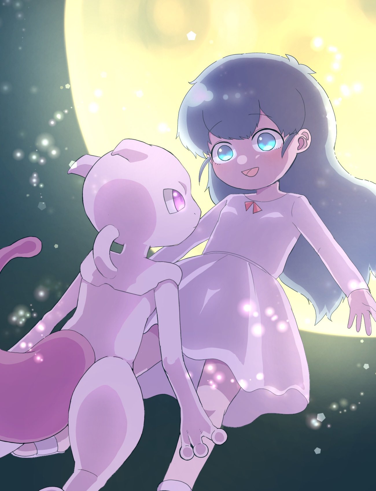 1girl, ai_(pokemon), ambertwo_(pokemon), blue_eyes, highres, looking_at_another, mewtwo, moon, pokemon, pokemon:_the_first_movie_-_mewtwo_strikes_back, pokemon_(anime), pokemon_(classic_anime), pokemon_(creature), sparkle, tail, violet_eyes, yonayonayona2