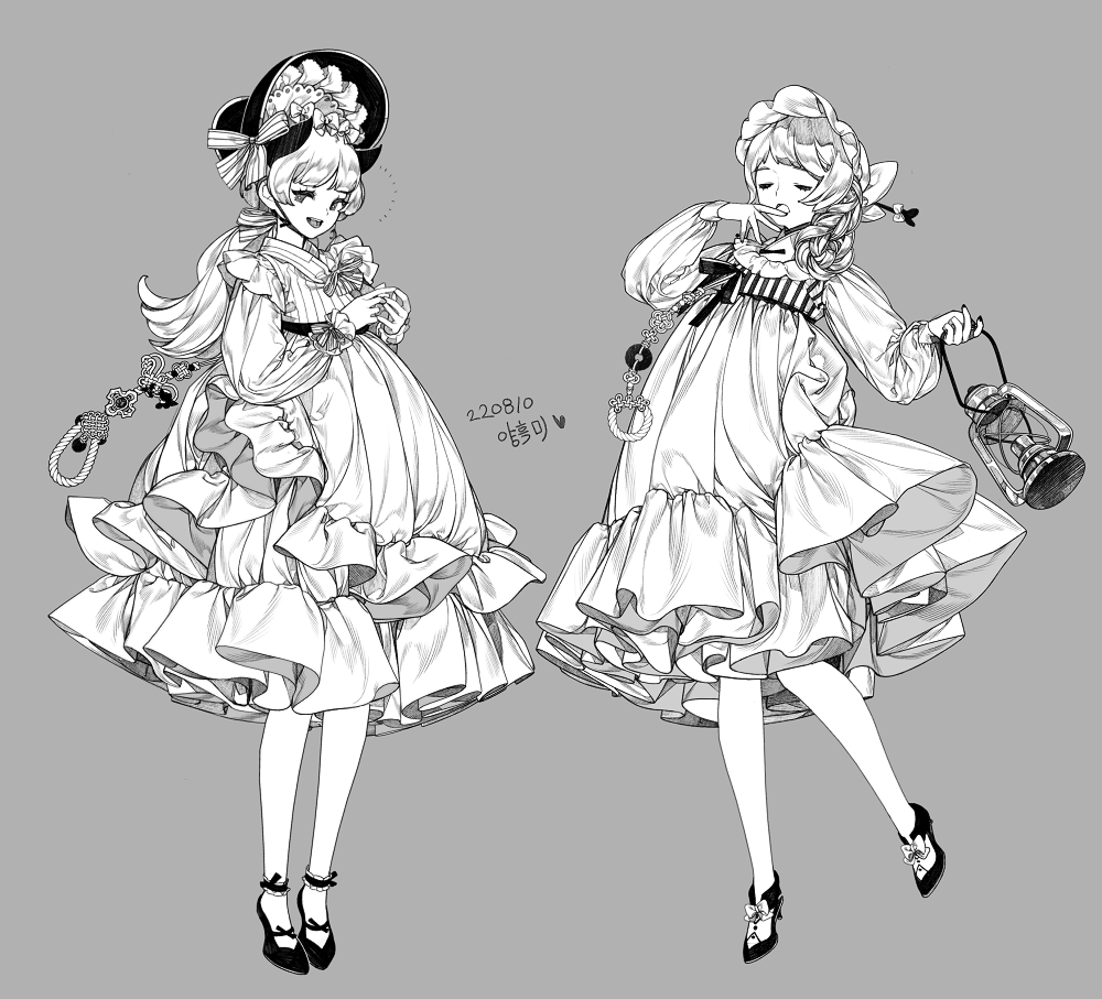 2girls, :d, bangs, bonnet, bow, braid, closed_eyes, covering_mouth