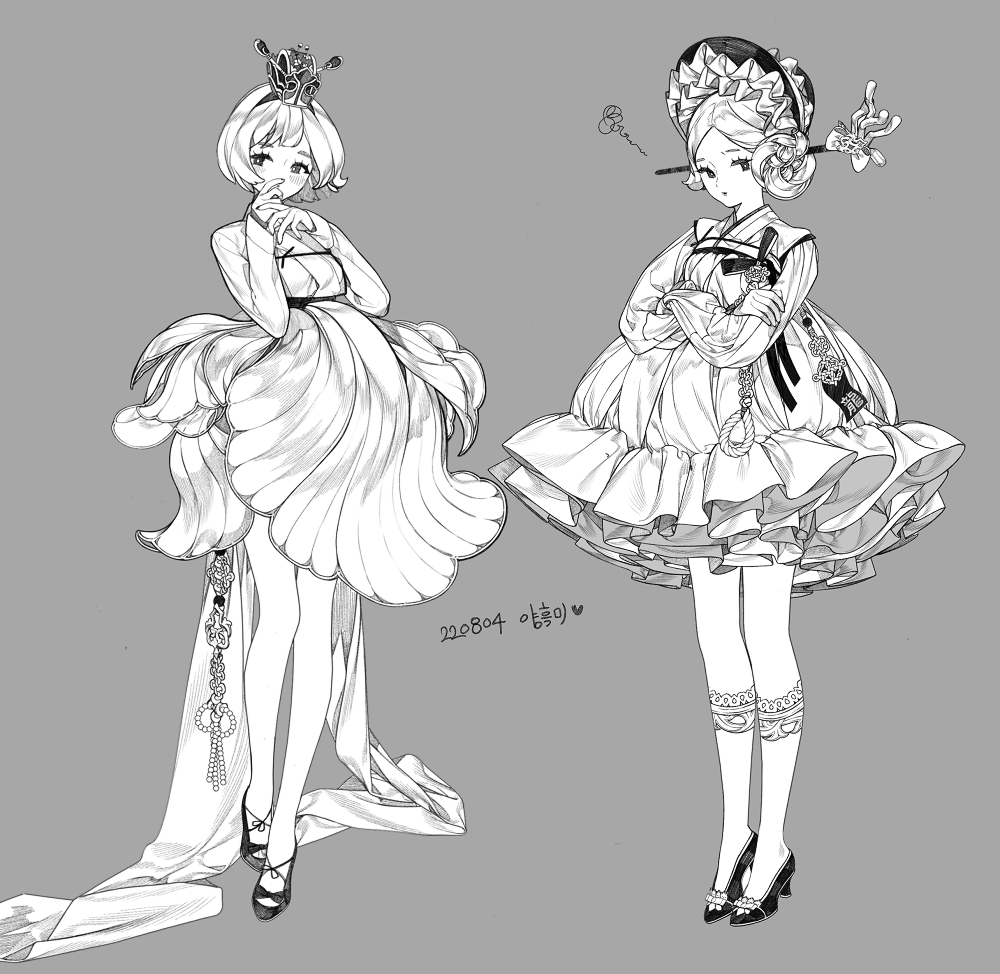 2girls, alternate_hairstyle, bangs, bob_cut, bonnet, breasts, covered_mouth, covering_mouth