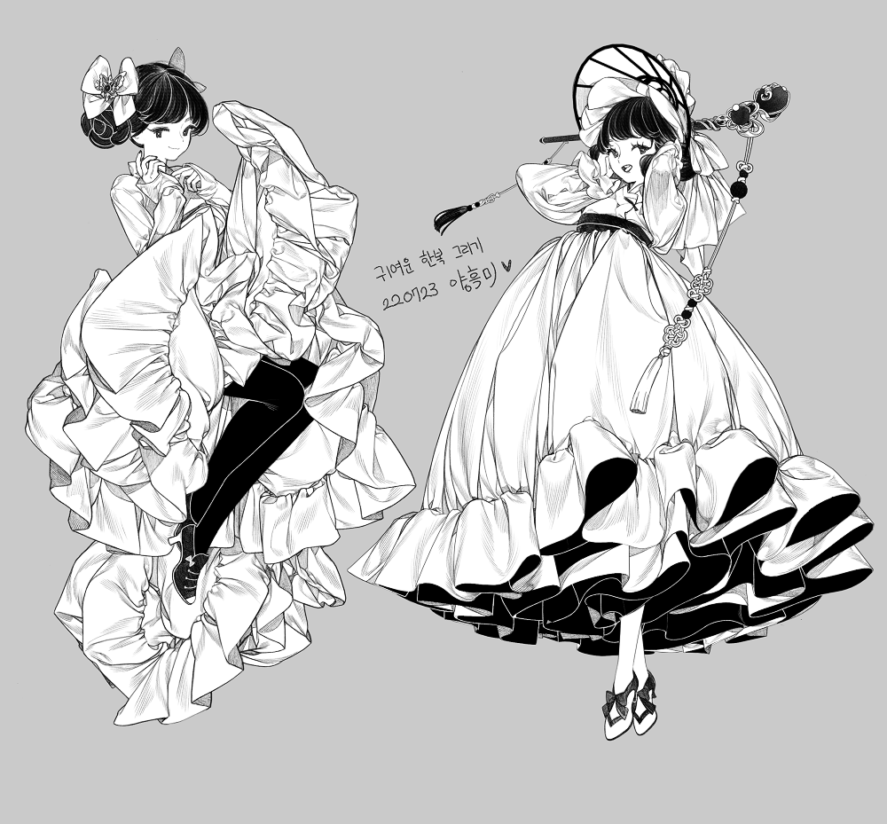 2girls, bangs, blunt_bangs, bonnet, bow, braid, braided_bun, closed_mouth