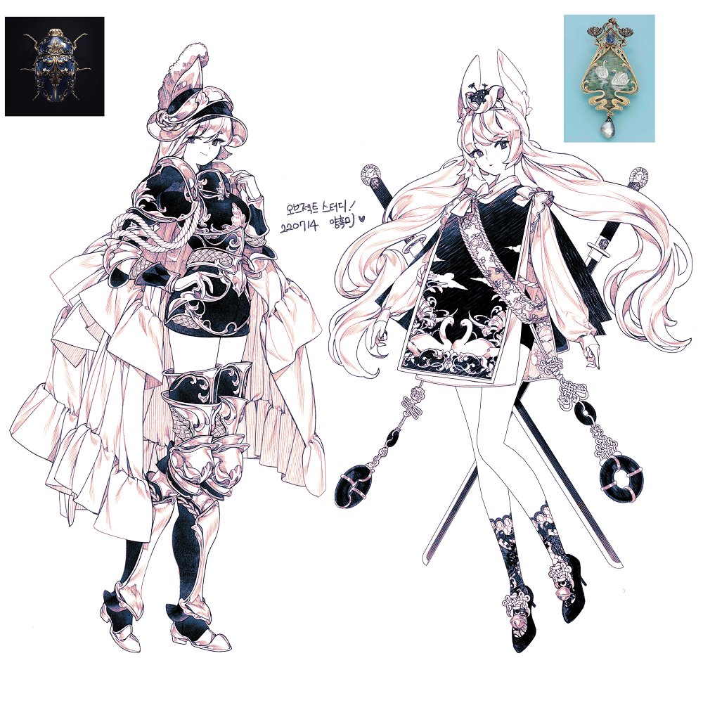 2girls, aiguillette, animal_ears, animal_print, armor, armored_boots, armored_dress, bangs