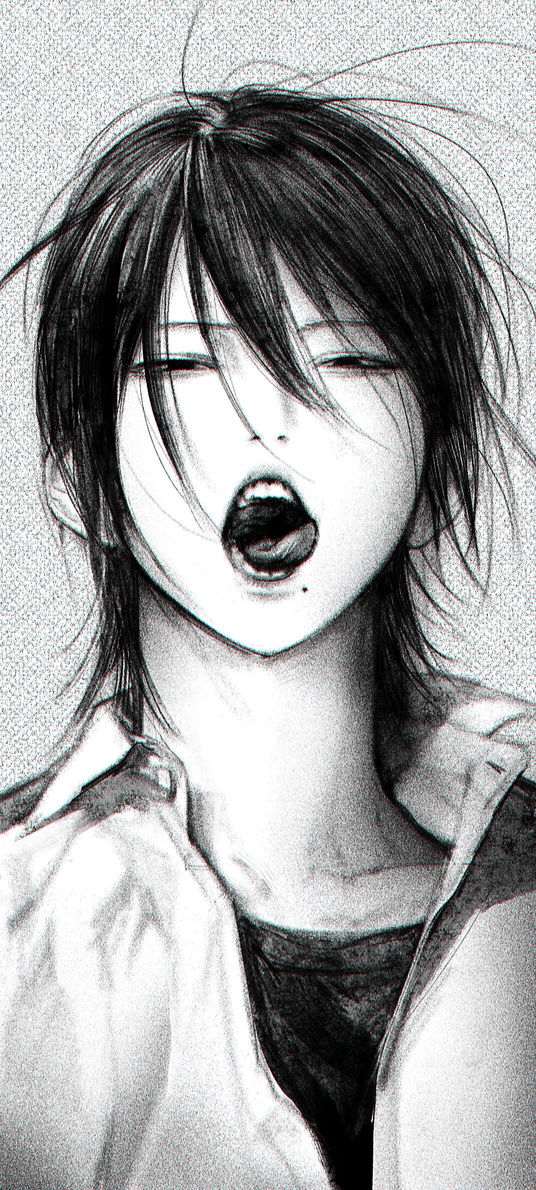 1boy, androgynous, bangs, collared_shirt, dress_shirt, duckchuni, hair_over_eyes, half-closed_eyes