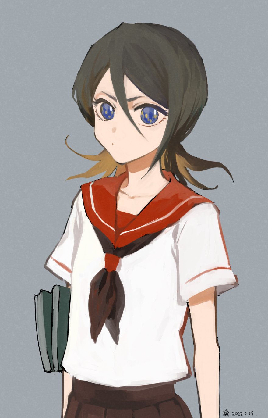 1girl, bangs, black_hair, black_neckerchief, bleach, blue_eyes, brown_hair, brown_skirt