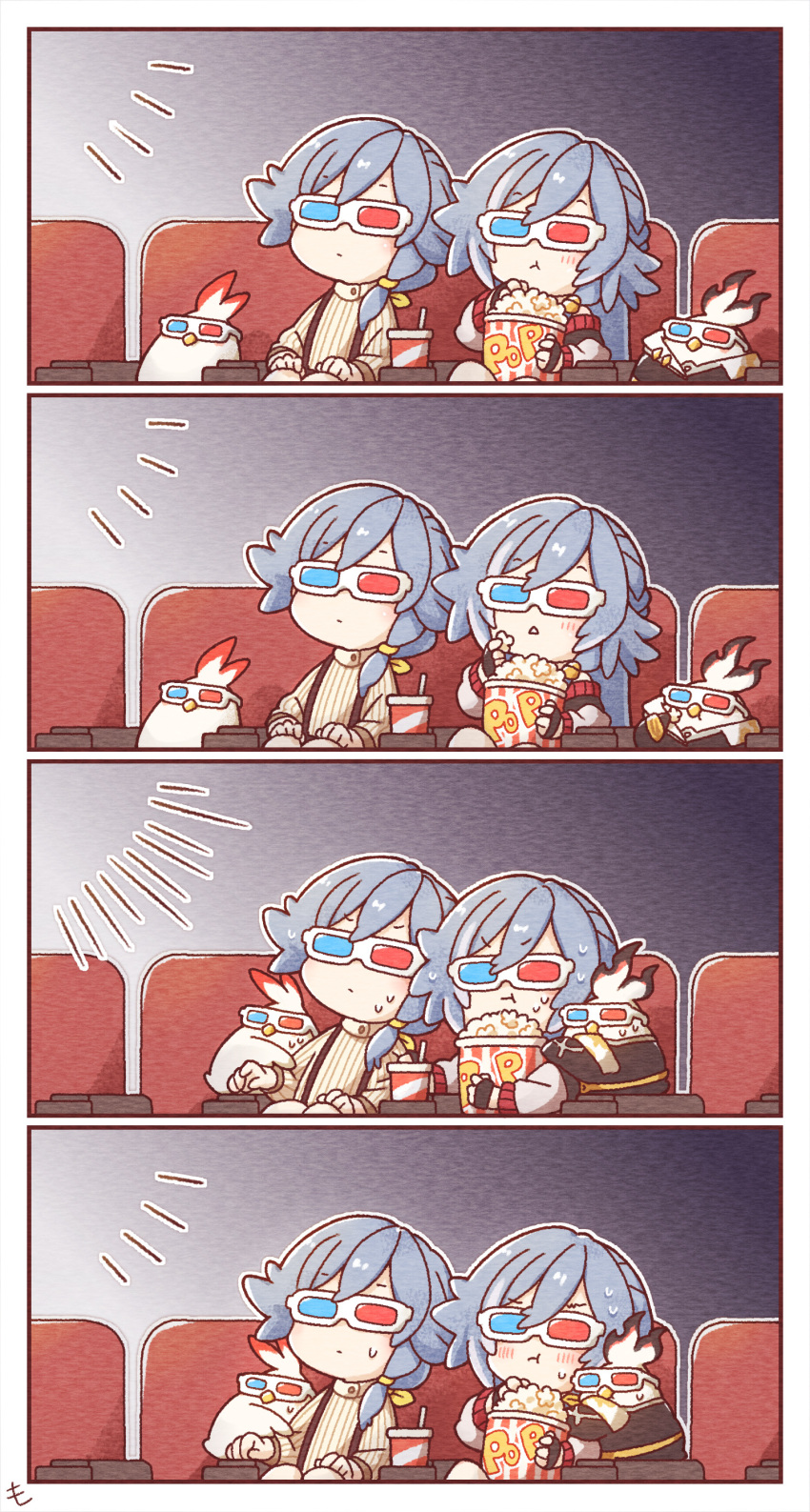 3d_glasses, :<, :t, absurdres, bangs, bare_shoulders, blush, bucket, character_request, closed_mouth, commentary_request, cup, disposable_cup, drinking_straw, eating, food, grey_hair, hair_between_eyes, hair_ribbon, highres, holding, holding_food, honkai_(series), honkai_impact_3rd, long_sleeves, mon_momu, notice_lines, on_chair, parted_lips, popcorn, ribbed_shirt, ribbon, shirt, sitting, sweat, triangle_mouth, white_shirt, yellow_ribbon