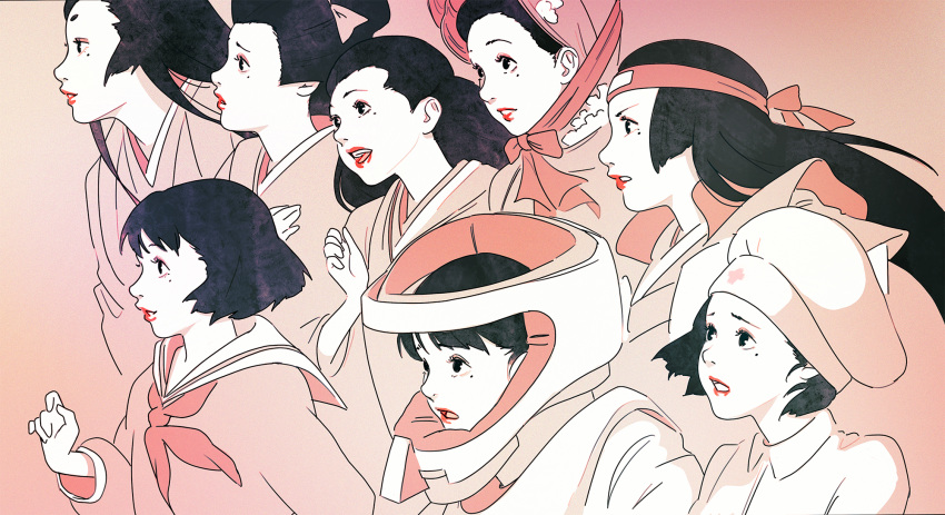 1girl, actress, age_progression, black_hair, bonnet, bow, eatslugs, fujiwara_chiyoko