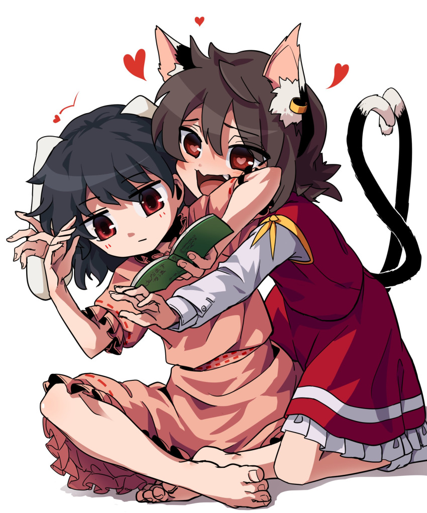 2girls, :/, :d, animal_ears, barefoot, black_hair, book, cat_ears