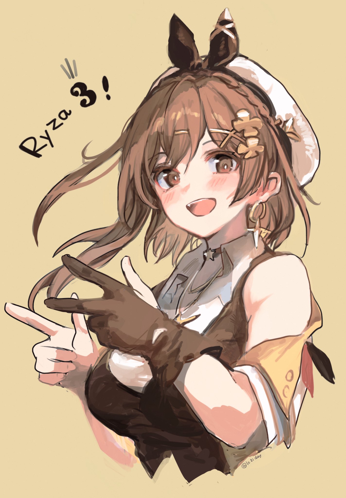 1girl, atelier_(series), atelier_ryza, atelier_ryza_3, breasts, brown_eyes, brown_hair, gloves, hair_ornament, hairclip, hat, highres, jewelry, large_breasts, le21day, looking_at_viewer, necklace, open_mouth, reisalin_stout, short_hair, smile, solo, white_headwear
