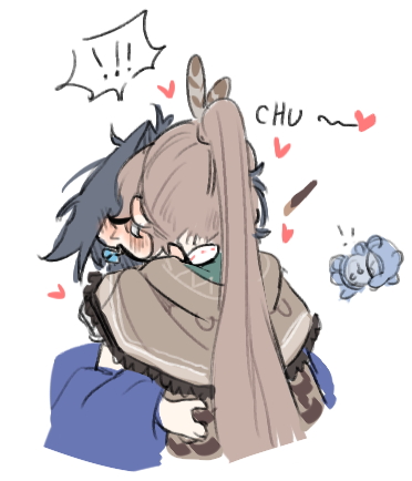 ahoge, alarm_clock, bangs, blue_hair, brown_hair, clock, eus_ing, feather_hair_ornament