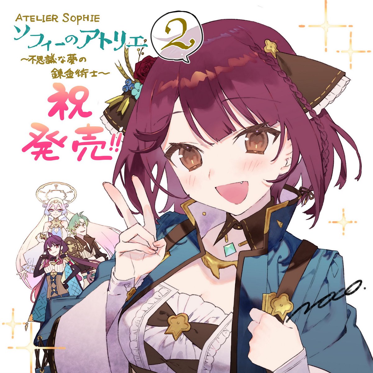 1boy, 3girls, atelier_(series), atelier_sophie, atelier_sophie_2, blush, breasts, brown_eyes, coat, elvira_(atelier_series), fang, frills, hair_ornament, highres, jewelry, long_sleeves, looking_at_viewer, medium_breasts, multiple_girls, necklace, noco_(adamas), official_art, olias_enders, open_mouth, ramizel_erlenmeyer, redhead, short_hair, smile, solo_focus, sophie_neuenmuller