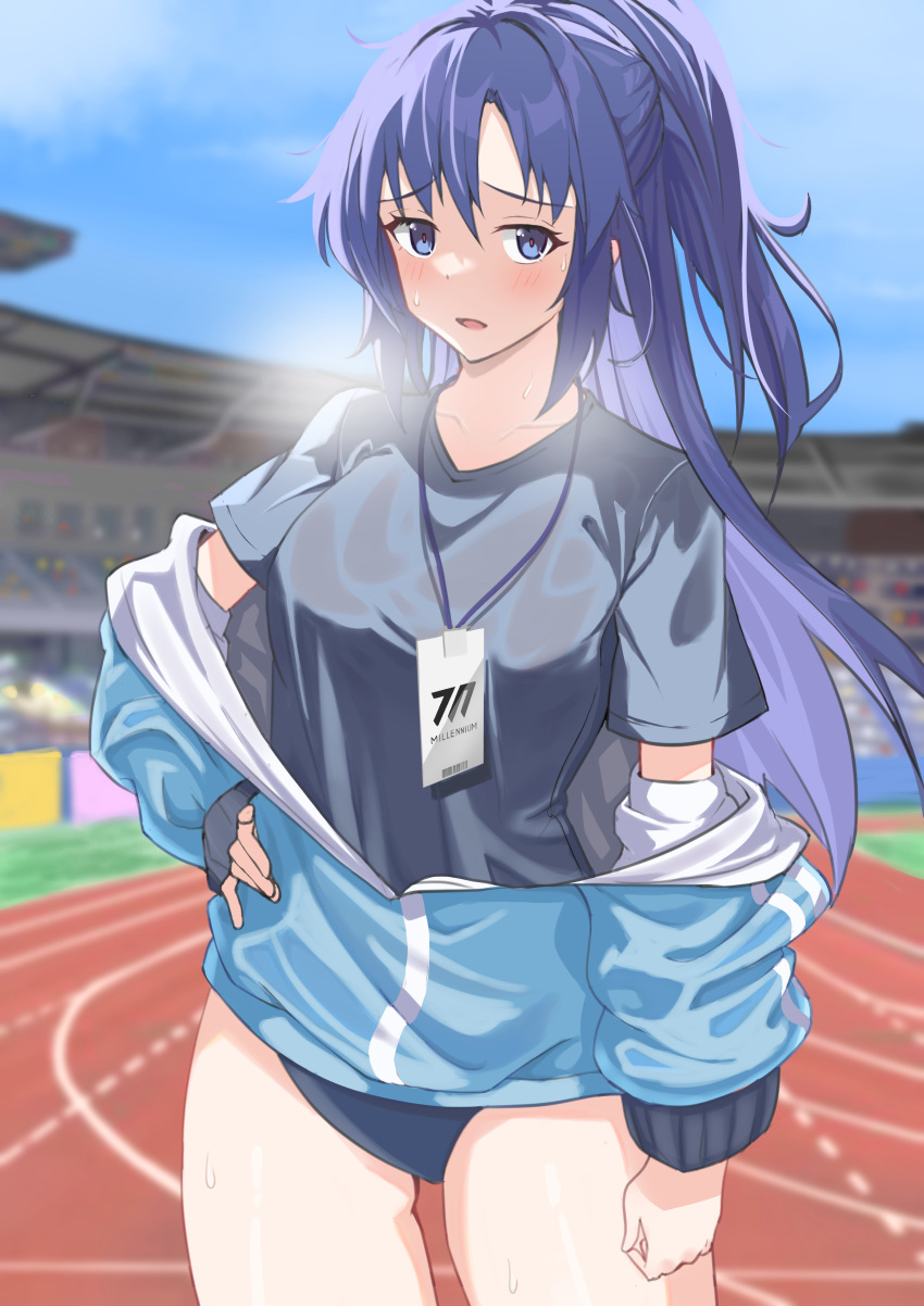1girl, absurdres, bangs, black_hair, blue_archive, blue_eyes, blurry, buruma
