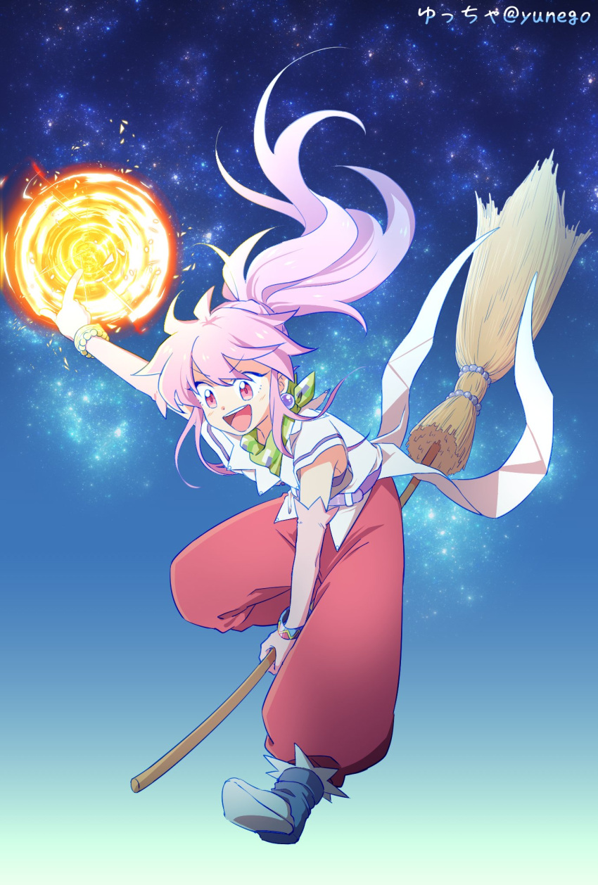 1girl, 4lily, arche_klein, belt, bracelet, broom, earrings, elbow_gloves, full_body, gloves, highres, jewelry, long_hair, open_mouth, pants, pink_eyes, pink_hair, pink_pants, ponytail, smile, solo, tales_of_(series), tales_of_phantasia, wide_ponytail
