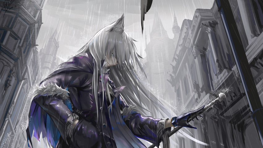 1girl, animal_ears, arknights, bangs, black_coat, black_gloves, building, coat