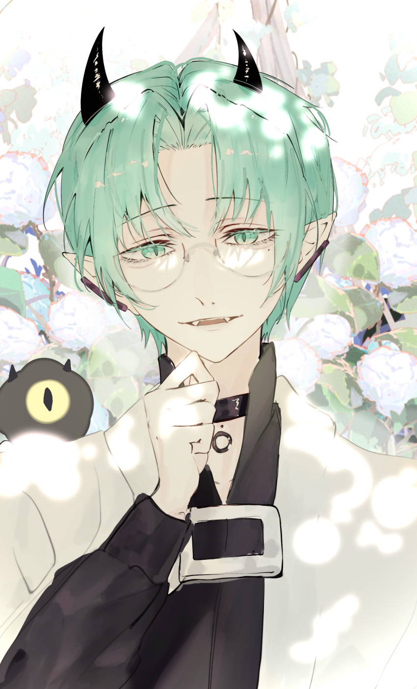 1boy, absurdres, ami_kiriwo, bangs, black_choker, choker, cjsnyxz1313, demon_boy, evil_smile, fangs, glasses, green_eyes, green_hair, highres, horns, looking_at_viewer, mairimashita!_iruma-kun, male_focus, mole, mole_under_eye, open_mouth, parted_bangs, short_hair, slit_pupils, smile, solo