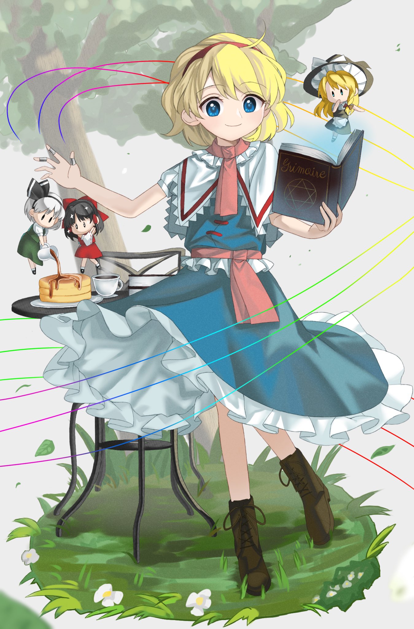 1girl, alice_margatroid, blonde_hair, blue_dress, blue_eyes, book, boots, brown_footwear, capelet, character_doll, closed_mouth, coffee, cross-laced_footwear, cup, dress, flower, food, full_body, grimoire_of_alice, hairband, hakurei_reimu, highres, holding, holding_book, jewelry, keiki8296, kirisame_marisa, konpaku_youmu, lace-up_boots, pancake, puppet_rings, red_hairband, ring, short_hair, smile, solo, touhou, tree, white_capelet, white_flower
