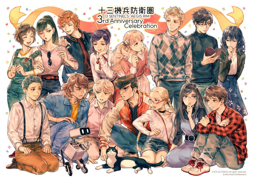 ;d, amiguchi_shuu, atlus, bangs, bj_(juusan_kihei_bouei_ken), black_choker, black_hair, blonde_hair, book, braid, brown_footwear, brown_hair, cat, checkered_clothes, checkered_shirt, choker, company_name, copyright_name, denim, denim_jacket, denim_shorts, dress, flower, frilled_shirt_collar, frilled_sleeves, frills, fuyusaka_iori, glasses, gouto_renya, hair_flower, hair_ornament, hands_in_pockets, hands_on_own_cheeks, hands_on_own_chin, hands_on_own_face, highres, hijiyama_takatoshi, holding, holding_book, jacket, jewelry, juusan_kihei_bouei_ken, kida_emika, kisaragi_tomi, kneeling, kurabe_juurou, kurabe_tamao, light_brown_hair, minami_natsuno, miura_keitarou, necklace, official_art, ogata_nenji, okino_tsukasa, one_eye_closed, open_clothes, open_jacket, parted_bangs, pearl_necklace, pleated_dress, ponytail, red_ribbon, ribbon, robot, scar, scar_on_face, sekigahara_ei, shinonome_ryouko_(juusan_kihei_bouei_ken), shippou_(juusan_kihei_bouei_ken), shirt, shorts, sitting, smile, standing, sunglasses, suspenders, sweater, takamiya_yuki, teardrop_necklace, twin_braids, vanillaware, white_footwear, yakushiji_megumi