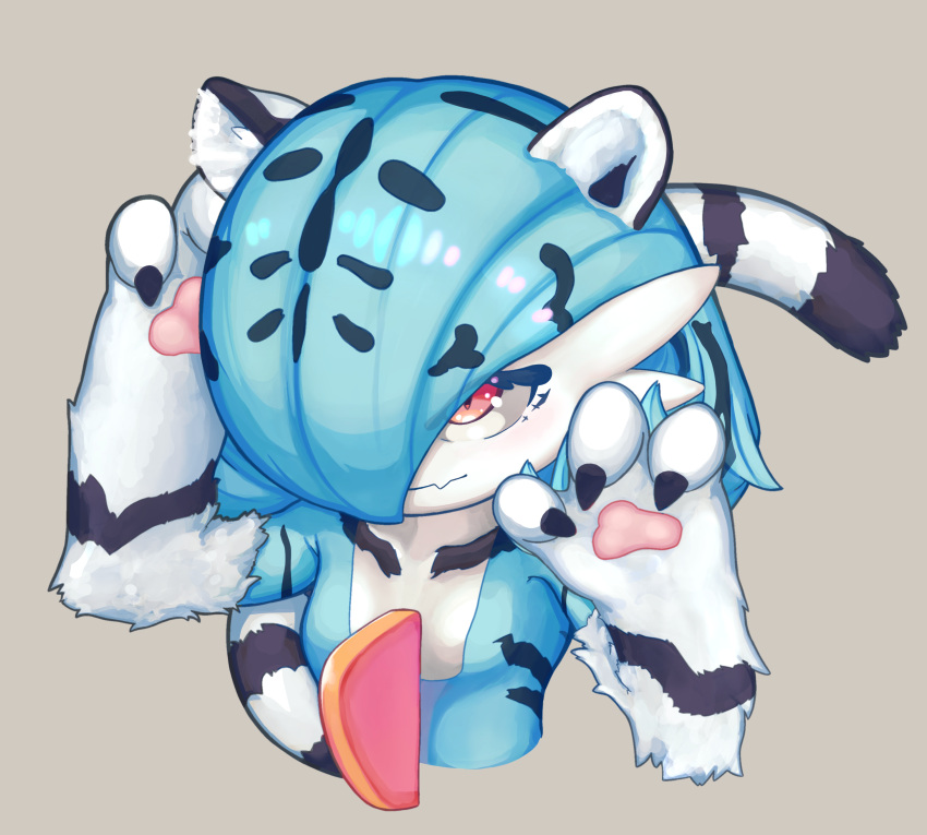 1girl, absurdres, alternate_color, animal_ear_fluff, animal_ears, animal_hands, bangs, black_fur, black_hair, blue_hair, blue_skin, blush, bob_cut, body_fur, breasts, claw_pose, claws, closed_mouth, colored_skin, commentary, cropped_torso, fang, gardevoir, grey_background, hair_over_one_eye, hands_up, highres, light_blush, looking_up, mentaiko_jojotarou, multicolored_hair, multicolored_skin, one_eye_covered, pokemon, pokemon_(creature), red_eyes, romaji_commentary, shiny, shiny_hair, shiny_pokemon, short_hair, simple_background, skin_fang, small_breasts, solo, striped_fur, striped_tail, tail, tiger_ears, tiger_girl, tiger_tail, two-tone_fur, two-tone_hair, two-tone_skin, upper_body, white_fur, white_skin