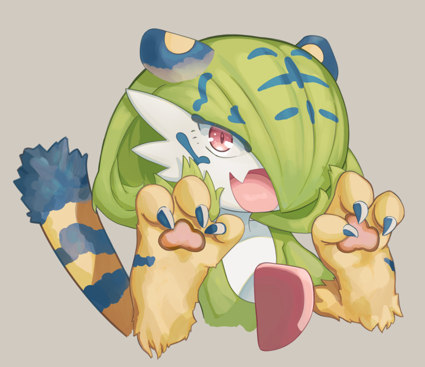 1girl, absurdres, animal_ears, animal_hands, bangs, blue_fur, blue_hair, bob_cut, body_fur, claw_pose, claws, colored_skin, commentary, cropped_torso, fang, flat_chest, gardevoir, green_hair, green_skin, grey_background, hair_over_one_eye, hands_up, happy, highres, looking_at_viewer, mentaiko_jojotarou, multicolored_hair, multicolored_skin, one_eye_covered, open_mouth, pawpads, pokemon, pokemon_(creature), red_eyes, romaji_commentary, short_hair, simple_background, skin_fang, smile, solo, striped_tail, tail, tiger_ears, tiger_girl, tiger_tail, two-tone_fur, two-tone_hair, two-tone_skin, upper_body, white_skin, yellow_fur