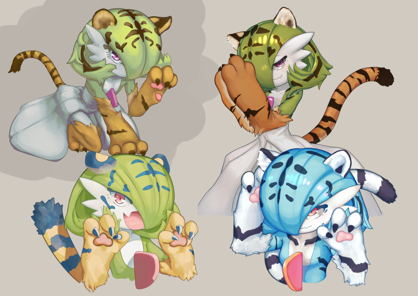 4girls, absurdres, all_fours, alternate_color, alternate_eye_color, animal_ear_fluff, animal_ears, animal_feet, animal_hands, bangs, black_fur, black_hair, blue_fur, blue_hair, blue_skin, blush, bob_cut, body_fur, breasts, brown_fur, brown_hair, claw_pose, claws, closed_mouth, collarbone, colored_skin, commentary, cropped_torso, fang, flat_chest, full_body, gardevoir, green_hair, green_skin, grey_background, hair_over_one_eye, half-closed_eyes, hand_up, hands_up, happy, highres, light_blush, looking_at_viewer, looking_up, mentaiko_jojotarou, multicolored_fur, multicolored_hair, multicolored_skin, multiple_girls, navel, one_eye_covered, open_mouth, own_hands_together, pawpads, pokemon, pokemon_(creature), red_eyes, romaji_commentary, shiny, shiny_hair, shiny_pokemon, short_hair, simple_background, skin_fang, small_breasts, smile, standing, striped_fur, striped_tail, tail, tiger_ears, tiger_girl, tiger_tail, two-tone_fur, two-tone_hair, two-tone_skin, upper_body, violet_eyes, white_fur, white_skin, yellow_fur