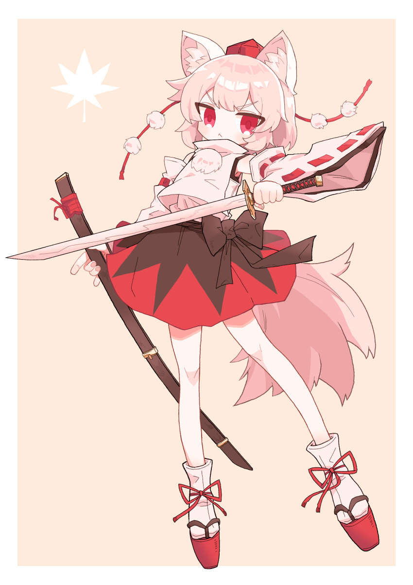 1girl, :<, absurdres, animal_ear_fluff, animal_ears, bangs, black_bow, black_skirt, bow, closed_mouth, commentary_request, detached_sleeves, full_body, geta, grey_hair, hat, highres, holding, holding_sword, holding_weapon, il_cocokana, inubashiri_momiji, leaf, looking_at_viewer, maple_leaf, medium_hair, pom_pom_(clothes), red_eyes, red_headwear, red_skirt, ribbon-trimmed_sleeves, ribbon_trim, sheath, shirt, skirt, sleeveless, sleeveless_shirt, socks, solo, sword, tail, tengu-geta, tokin_hat, touhou, two-tone_skirt, undershirt, unsheathed, weapon, white_socks, wide_sleeves, wolf_ears, wolf_girl, wolf_tail