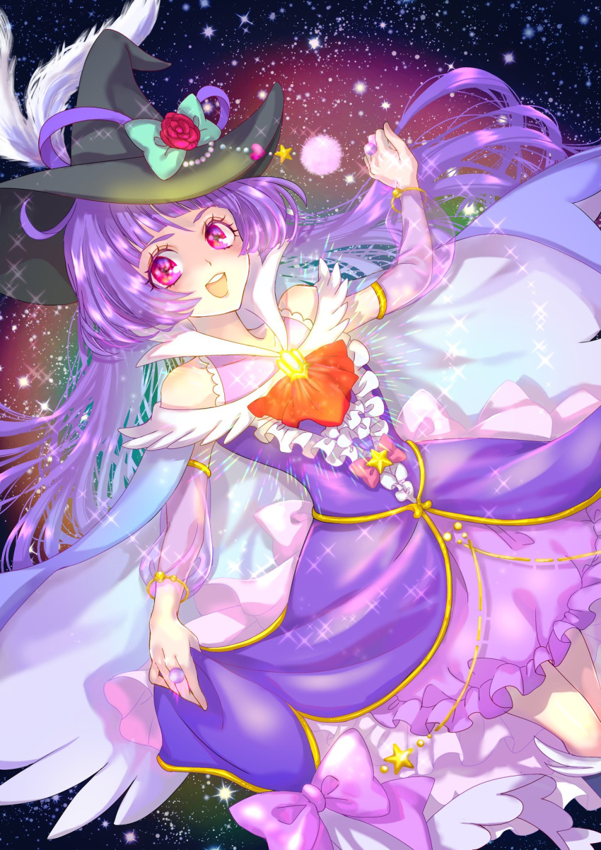1girl, ascot, black_background, brooch, cape, crystal, cure_magical, cure_magical_(alexandrite_style), dress, flower, frilled_dress, frills, hat, hat_flower, hat_ribbon, highres, izayoi_liko, jewelry, long_hair, looking_at_viewer, magical_girl, mahou_girls_precure!, open_mouth, precure, purple_dress, purple_hair, red_flower, ribbon, ring, see-through, see-through_sleeves, smile, solo, starry_background, very_long_hair, violet_eyes, waka_(negronoir), witch, witch_hat