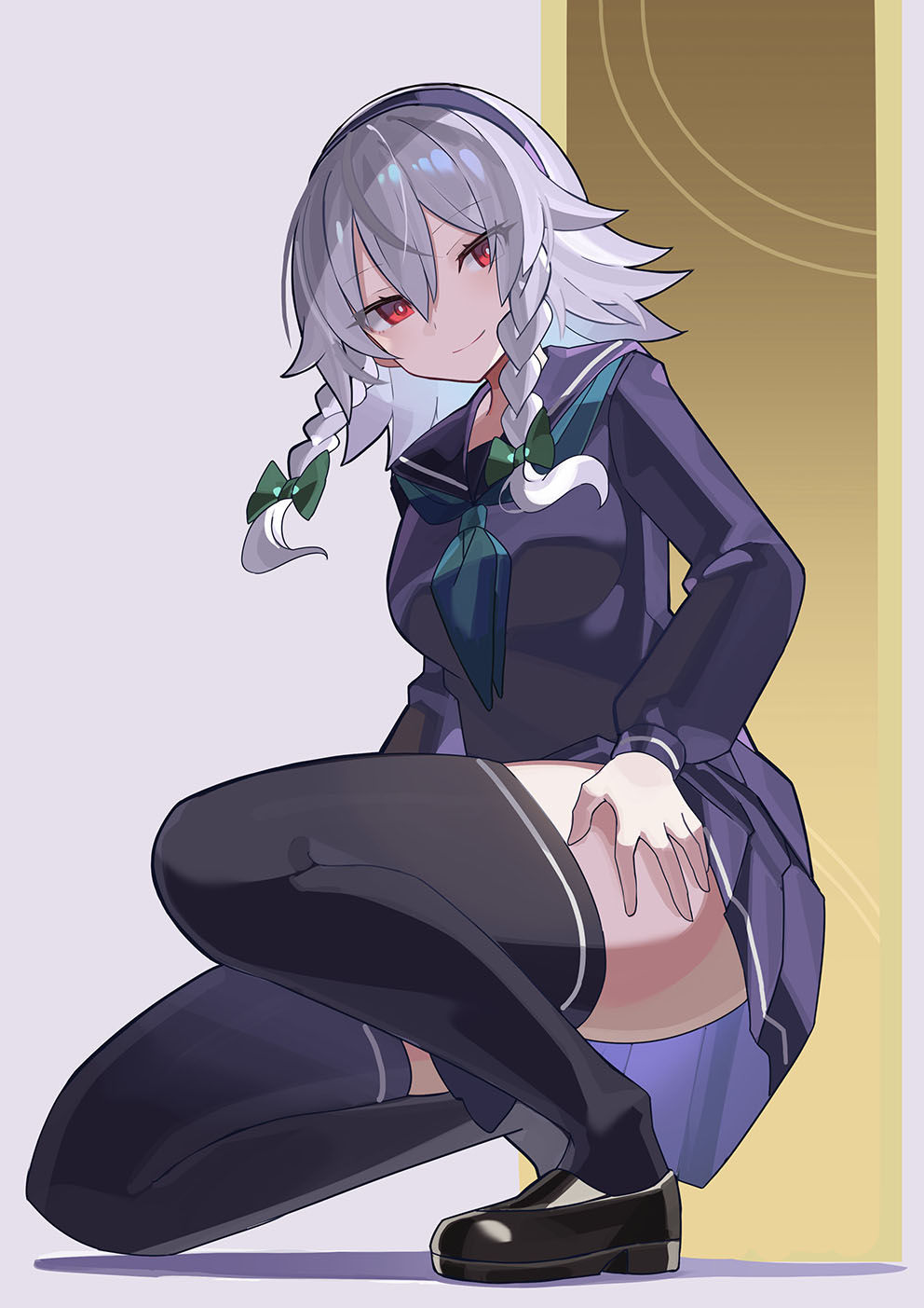 1girl, alternate_costume, black_footwear, black_hairband, black_sailor_collar, black_serafuku, black_skirt, black_thighhighs