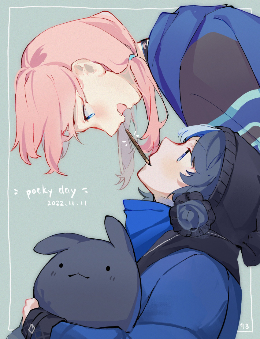 2girls, absurdres, arknights, black_choker, blue_eyes, blue_hair, blue_jacket, blue_poison_(arknights)