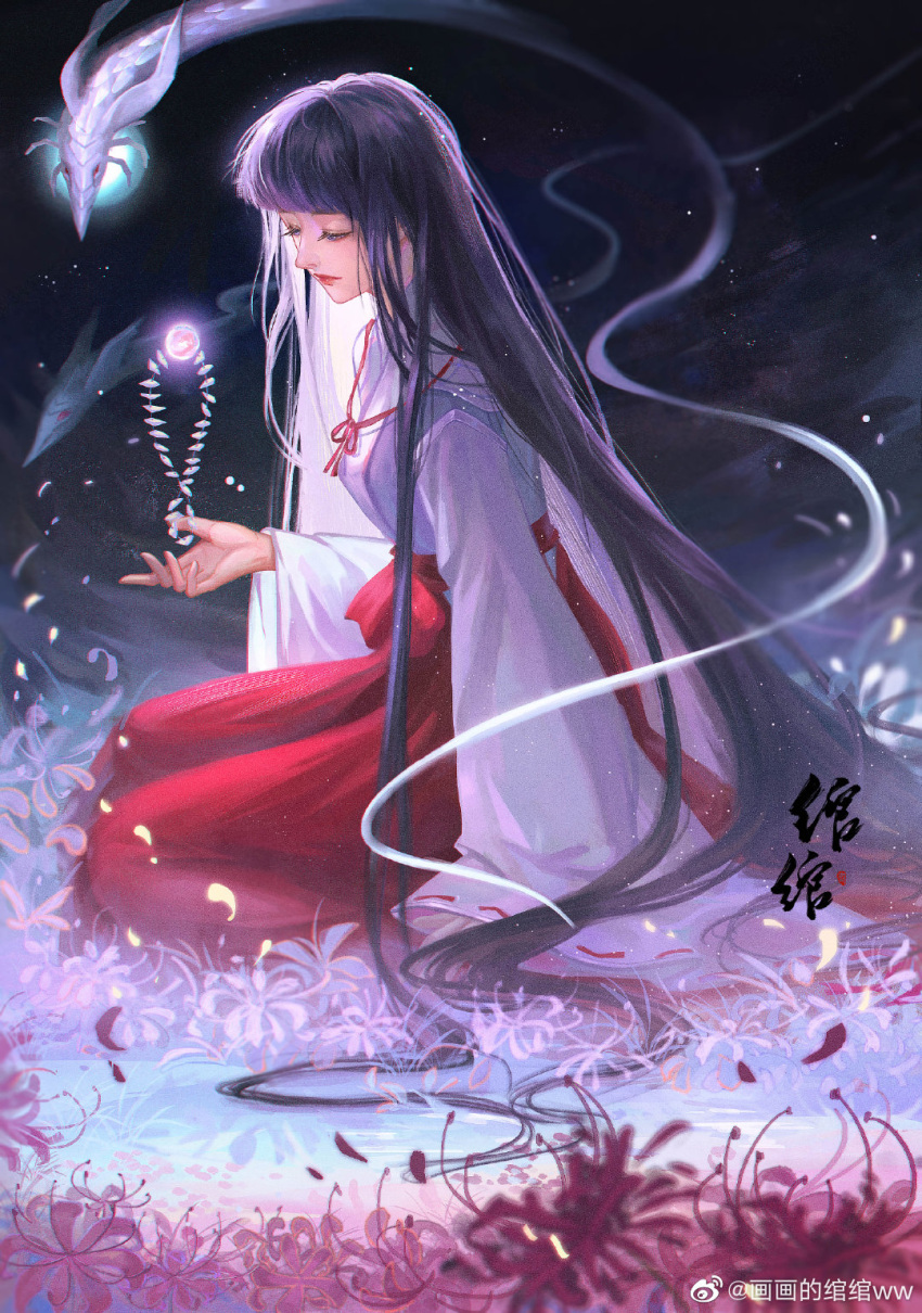 1girl, black_hair, closed_mouth, expressionless, flower, from_side, full_body, hakama