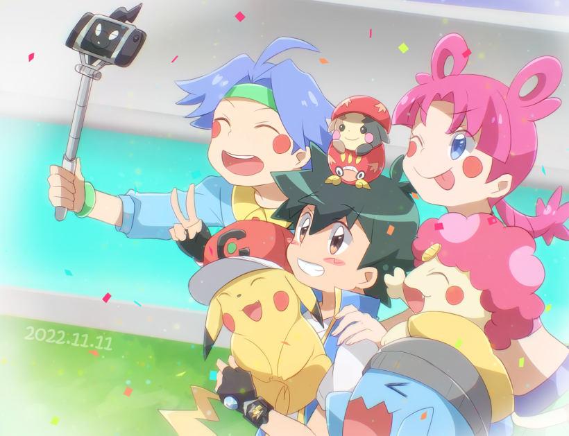 1girl, 2boys, ash_ketchum, bangs, baseball_cap, black_hair, blue_eyes, blue_hair, blush, brown_eyes, closed_eyes, fingerless_gloves, gloves, hat, jacket, james_(pokemon), jessie_(pokemon), keystone, long_hair, meowth, miu_(chuyu825), morpeko, multiple_boys, open_mouth, pikachu, pokemon, pokemon_(anime), pokemon_(creature), pokemon_journeys, redhead, rotom, rotom_phone, selfie, shirt, short_hair, smile, team_rocket, wobbuffet, z-ring