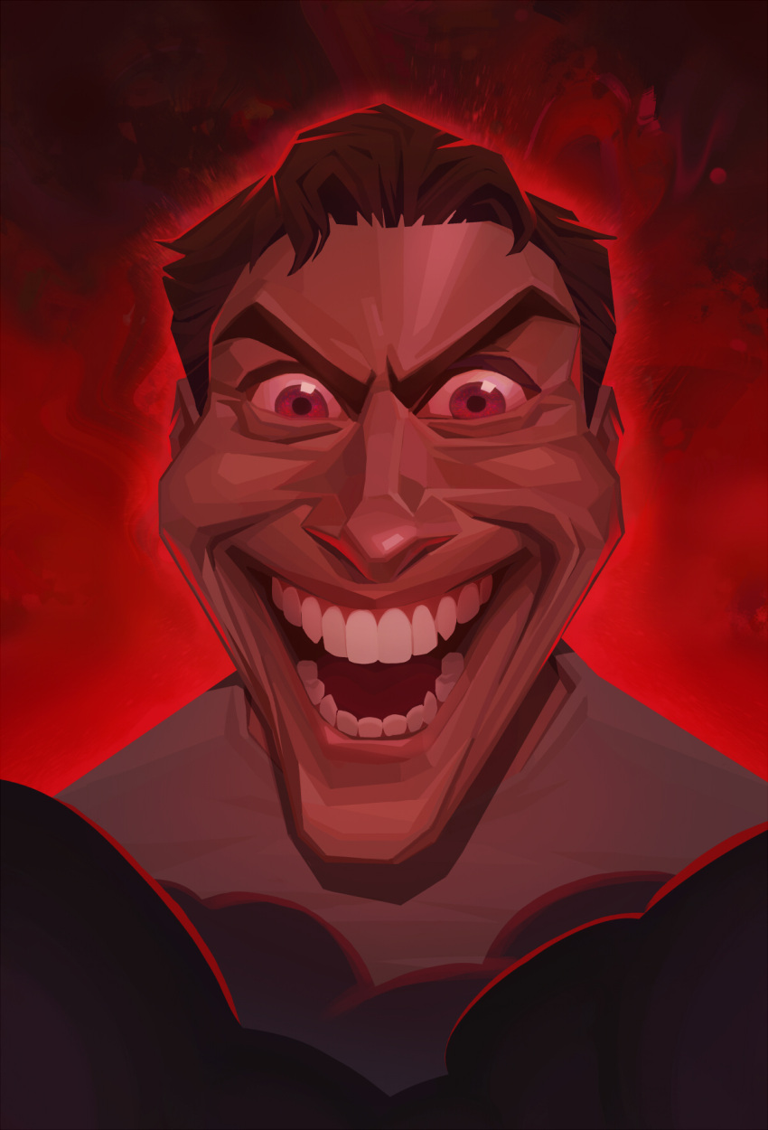 1boy, brown_hair, corax42, crazy, english_commentary, evil_grin, evil_smile, grey_shirt