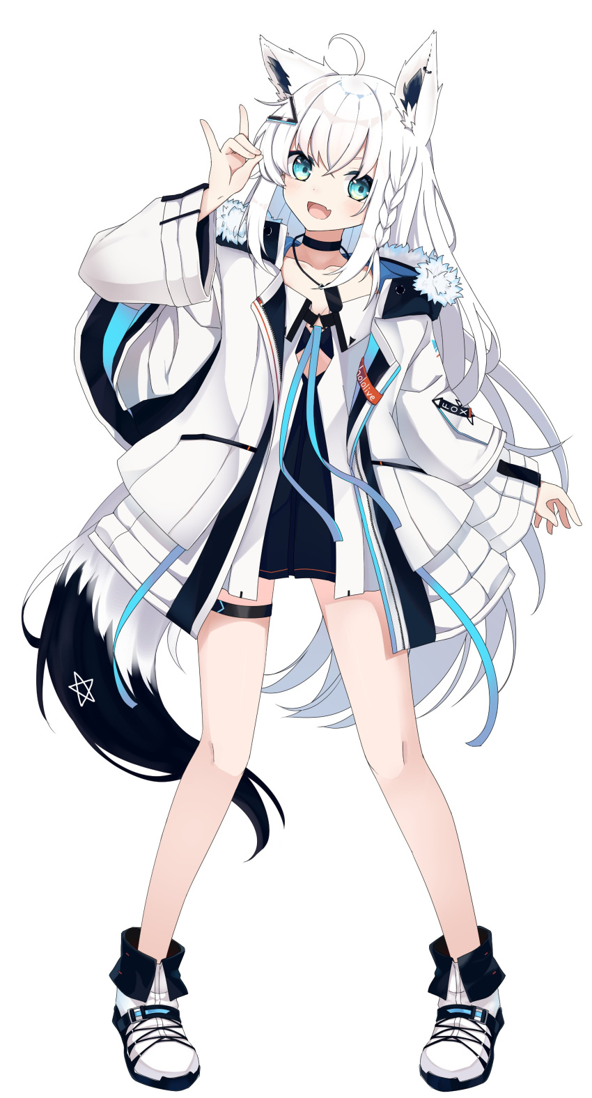 1girl, absurdres, ahoge, animal_ear_fluff, animal_ears, aqua_eyes, bangs, black_choker, braid, choker, dog_tags, dress, ear_piercing, earrings, extra_ears, fox_ears, fox_girl, fox_shadow_puppet, fox_tail, full_body, fur-trimmed_jacket, fur_trim, grey_hair, hair_between_eyes, hair_down, highres, hololive, jacket, jewelry, kasa_kasa_(enkasa), long_hair, microdress, pentagram, piercing, shirakami_fubuki, shoes, side_braid, sidelocks, simple_background, single_braid, single_earring, solo, tail, thigh_strap, virtual_youtuber, white_background, white_footwear, white_hair