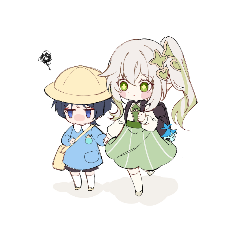 1boy, 1girl, aranara_(genshin_impact), ararycan_(genshin_impact), backpack, bag, black_shorts, blue_shirt