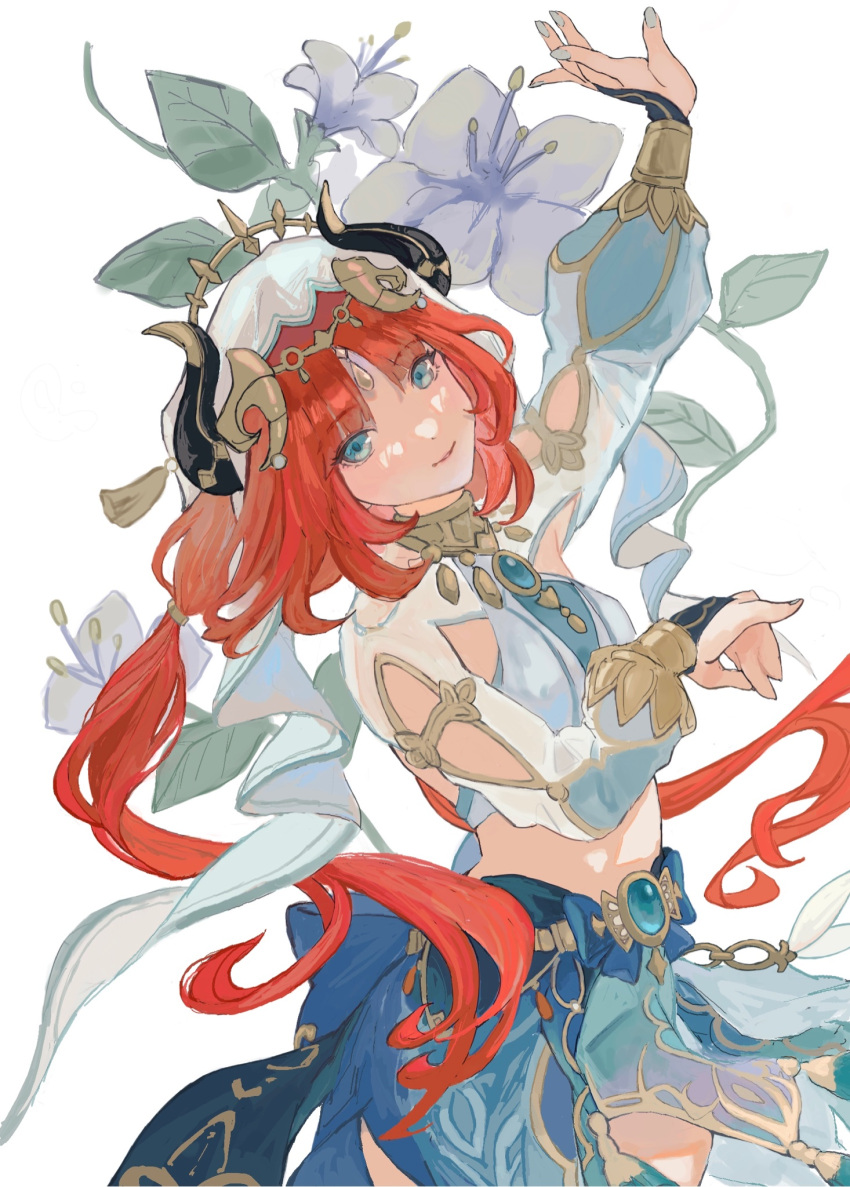 aqua_eyes, arm_up, bangs, blue_gemstone, blue_skirt, bracer, brooch, clothing_cutout, crop_top, dancer, dancing, floating_hair, flower, gem, genshin_impact, harem_outfit, highres, jewelry, leaf, long_hair, long_sleeves, low_twintails, mumu_vosp, neck_ring, nilou_(genshin_impact), parted_bangs, parted_lips, puffy_long_sleeves, puffy_sleeves, redhead, shirt, simple_background, skirt, smile, twintails, white_background, white_flower, white_headwear, white_shirt