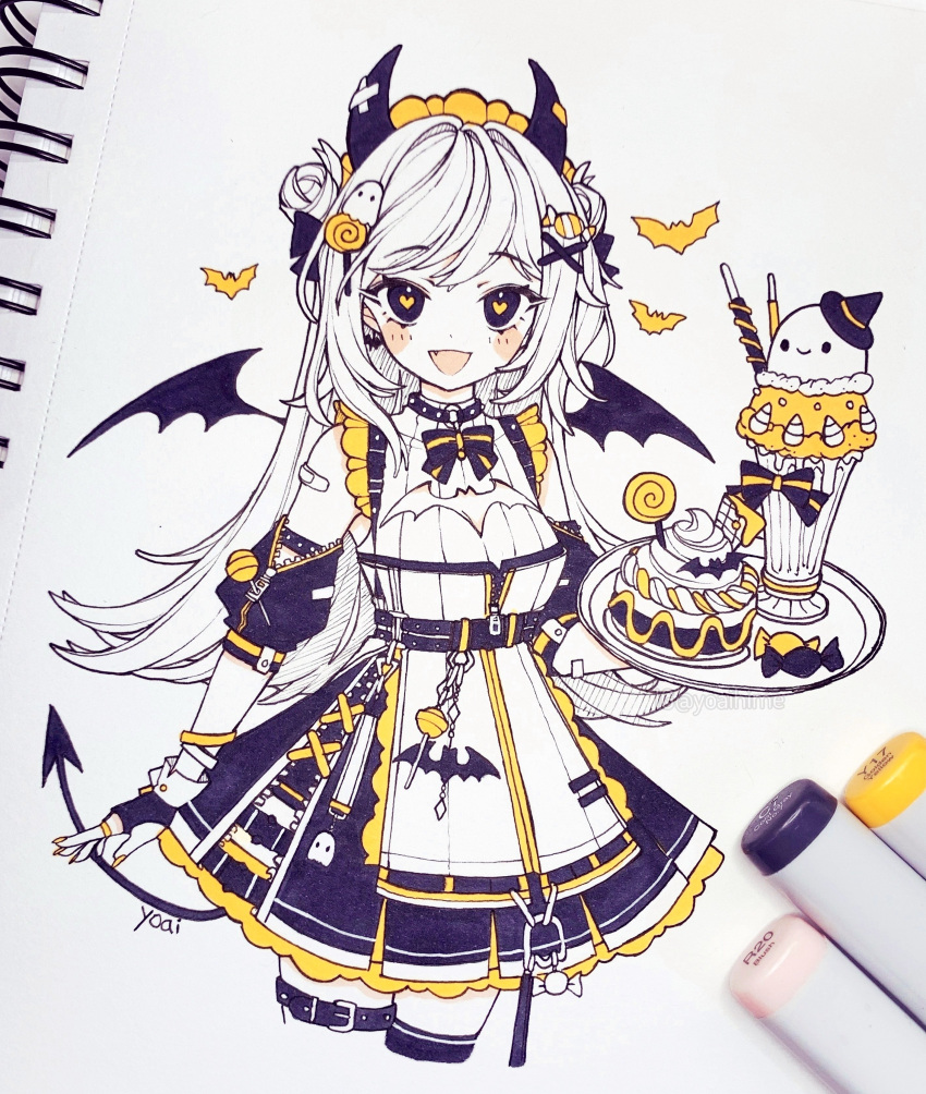 1girl, :3, :d, absurdres, anny_(yoai), bandaid, bandaid_on_horn, bat_(animal)