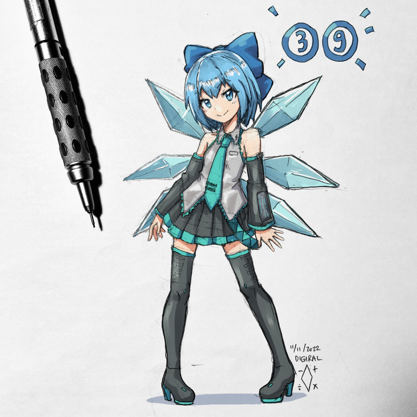 1girl, absurdres, bare_shoulders, black_footwear, black_skirt, black_sleeves, blue_bow, blue_eyes