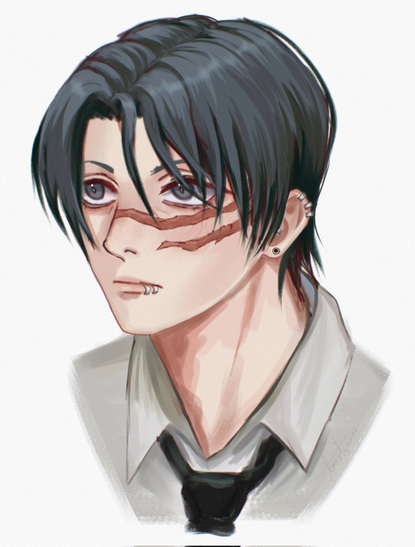 1boy, bangs, black_hair, black_necktie, chainsaw_man, collared_shirt, curtained_hair, ear_piercing