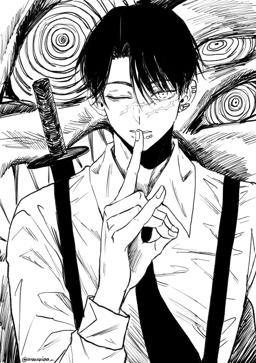 1boy, bangs, black_hair, black_necktie, chainsaw_man, collared_shirt, curtained_hair, earrings