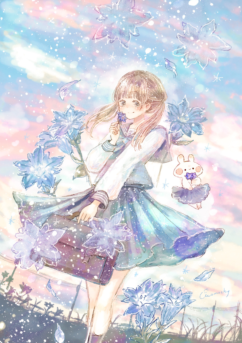 1girl, animal, bag, bangs, blue_flower, blue_neckerchief, blue_sailor_collar, blue_skirt