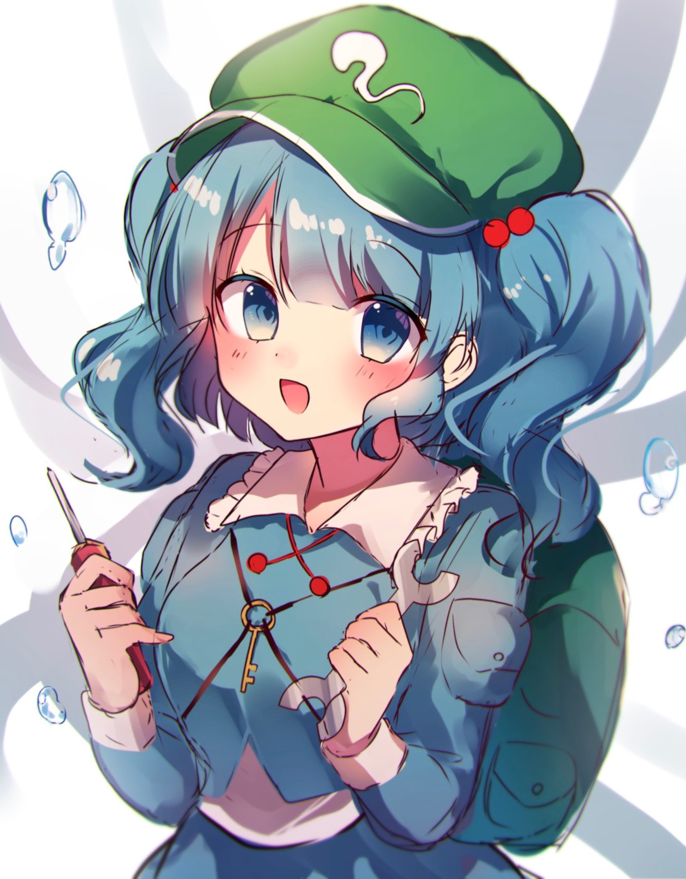 1girl, :d, backpack, bag, blue_eyes, blue_hair, breasts, flat_cap