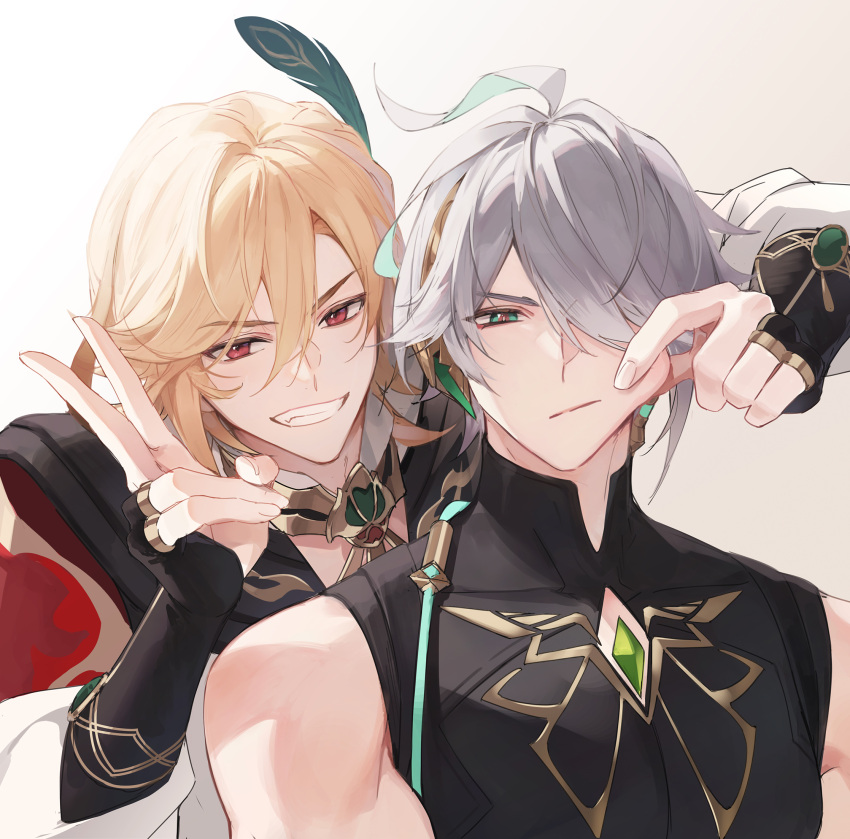 2boys, ahoge, alhaitham_(genshin_impact), arm_up, bangs, bare_shoulders, black_gloves, black_shirt, blonde_hair, cape, cheek_pinching, cheek_pull, closed_mouth, commentary, compression_shirt, covered_collarbone, earrings, feather_hair_ornament, feathers, fingerless_gloves, gem, genshin_impact, gloves, green_eyes, grey_hair, grin, hair_between_eyes, hair_ornament, hair_over_one_eye, hand_up, highres, jewelry, kaveh_(genshin_impact), long_sleeves, looking_at_viewer, male_focus, masa_ashe, medium_hair, multiple_boys, necklace, one_eye_covered, parted_bangs, pinching, puffy_long_sleeves, puffy_sleeves, red_eyes, serious, shirt, short_hair, shoulder_cape, sidelocks, simple_background, sleeveless, sleeveless_shirt, smile, solo, swept_bangs, teeth, upper_body, v, white_background, white_shirt
