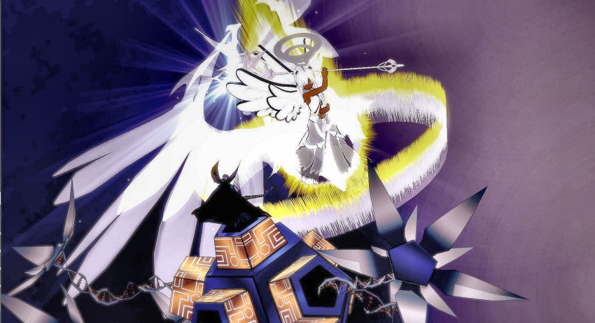 angel_wings, animal_ears, dark_skin, fighting, grey_eyes, highres, holding, holding_weapon