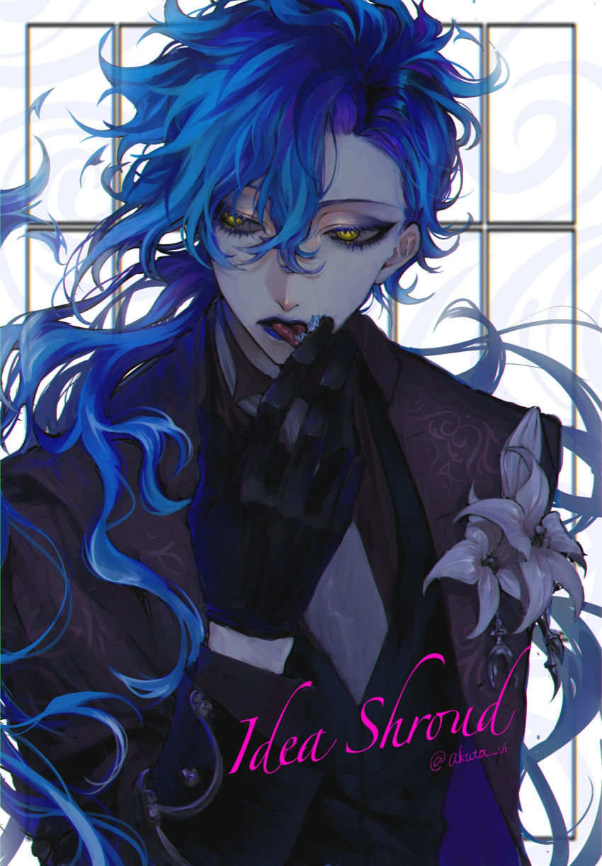 1boy, akuta_vi, asymmetrical_hair, black_gloves, blue_eyes, blue_lips, character_name, english_text, flower, flower_in_pocket, gloves, hair_between_eyes, highres, idia_shroud, licking, licking_finger, long_hair, open_mouth, tongue, tongue_out, twisted_wonderland, yellow_eyes