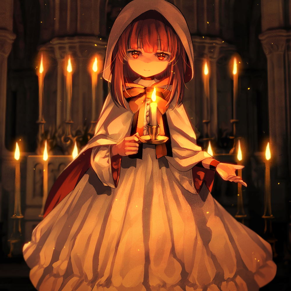 1girl, architecture, arm_ribbon, bangs, bow, brown_hair, building, candle, candlelight, candlestand, capelet, choker, church, closed_mouth, column, commentary_request, commission, dress, fallenshadow, flat_chest, gothic_architecture, holding, holding_candle, hood, hood_up, hooded_capelet, indie_virtual_youtuber, indoors, kokuzu, looking_at_viewer, medium_hair, non-web_source, petite, pillar, red_bow, red_choker, red_eyes, red_ribbon, ribbon, second-party_source, sidelocks, single_wrist_cuff, skeb_commission, solo, standing, virtual_youtuber, white_capelet, white_dress, wrist_cuffs