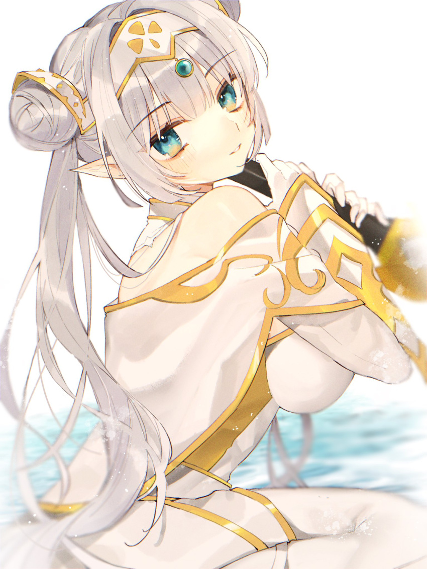 1girl, blue_eyes, breasts, britomart_(fate), double_bun, fate/grand_order, fate_(series), from_side