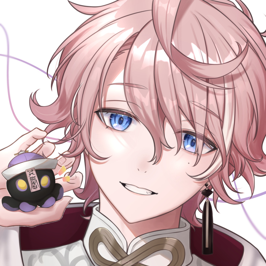 1boy, absurdres, bishounen, blue_eyes, chi_ra, earrings, highres, holding