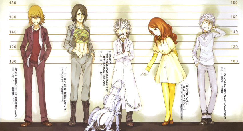 2girls, 3boys, abs, accelerator_(toaru_majutsu_no_index), albino, black_choker, black_eyes, black_footwear, black_hair, breasts, brown_eyes, brown_footwear, brown_hair, brown_jacket, brown_pants, brown_suit, choker, clenched_teeth, closed_mouth, crossed_arms, dress, formal, full_body, grey_jacket, grey_pants, grey_shirt, grin, haimura_kiyotaka, hair_between_eyes, hand_in_pocket, hand_up, hands_in_pockets, height, height_chart, height_difference, height_mark, highres, jacket, kakine_teitoku, labcoat, lineup, long_hair, long_sleeves, looking_at_another, looking_at_viewer, looking_down, medium_breasts, medium_hair, midriff, mugino_shizuri, multiple_boys, multiple_girls, navel, necktie, non-humanoid_robot, novel_illustration, official_art, old, old_man, open_clothes, open_jacket, pants, pointing, pointing_at_another, professor_(toaru_majutsu_no_index), red_eyes, red_shirt, robot, robot_animal, science_fiction, shirt, short_hair, smile, standing, stomach, suit, t-shirt, tall, tall_female, teeth, teshio_megumi, thigh-highs, toaru_majutsu_no_index, toned, translation_request, v-shaped_eyebrows, white_hair, white_shirt, yellow_sleeves, yellow_thighhighs