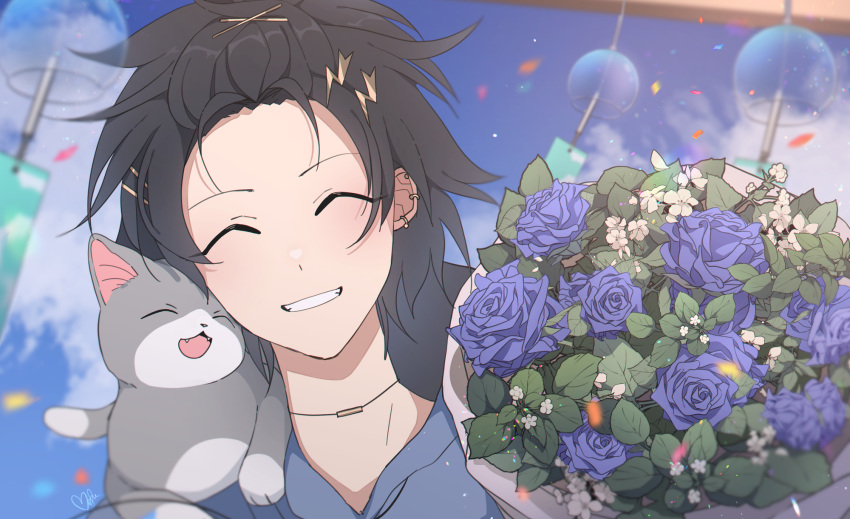 1boy, ^_^, animal_on_shoulder, bangs_pinned_back, black_hair, blue_flower, blue_hoodie, blue_rose